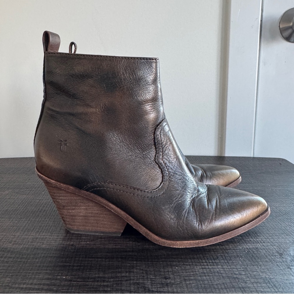 Frye Amado Bronze Brown Wedge Heel Ankle Bootie